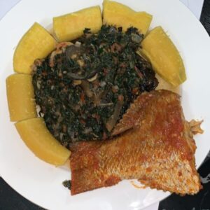 Boiled Plantain with Veggie Sauce